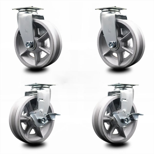 6 Inch V-Groove Semi Steel Swivel Caster Set with Roller Bearings 2 Brakes SCC
